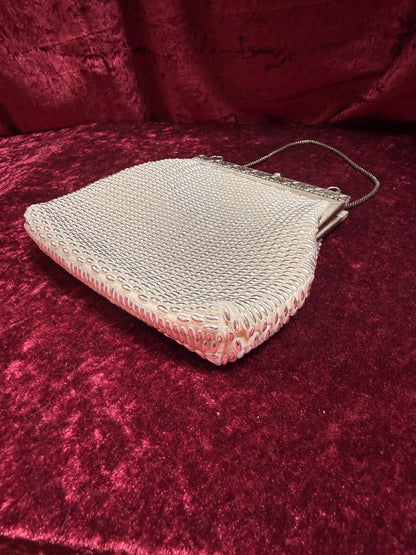 Vintage Accessories - 1950s Gems by George Silver Pearled Beaded Evening Purse - Kiss Lock Closure w/ Gold Chain Strap