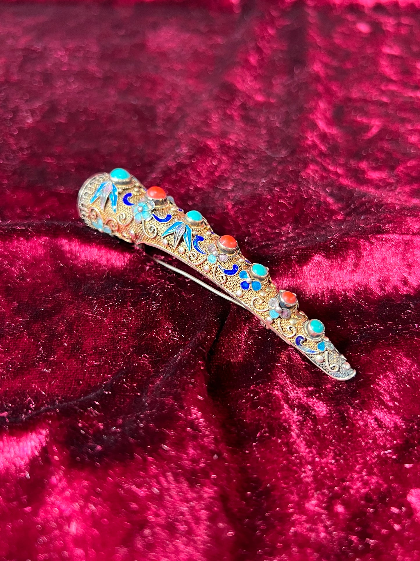 Antique Jewelry - Brooch - Chinese Finger Nail Guard - Plated Sterling Silver, Turquoise, Coral, and Enamel