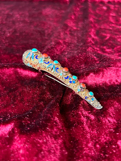 Antique Jewelry - Brooch - Chinese Finger Nail Guard - Plated Sterling Silver, Turquoise, Coral, and Enamel