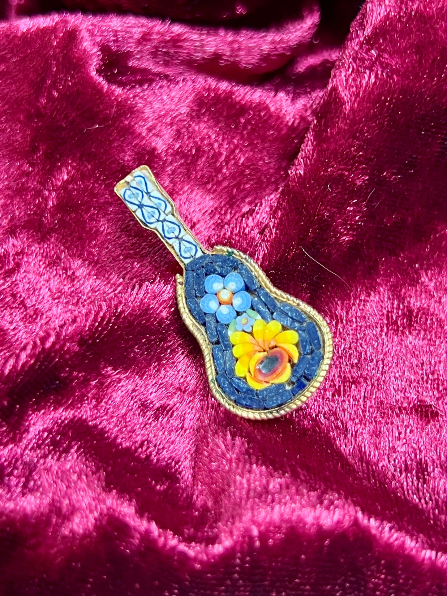Vintage Jewelry - Brooch - Italian Micro Mosaic - Floral Banjo - Blue and Red - Made In Italy