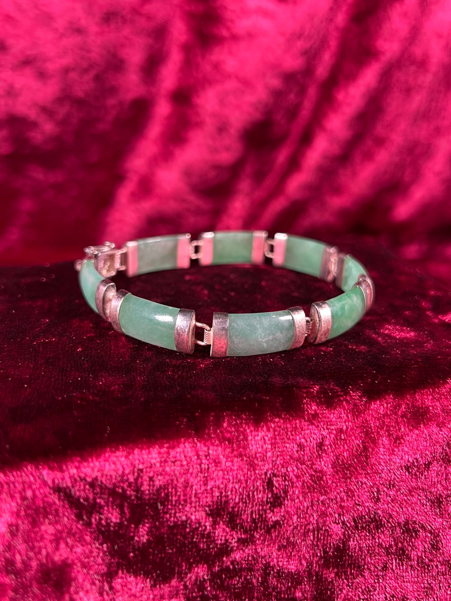 Vintage Jewelry - Link / Panel Bracelet - 925 Sterling Silver - Green Jade - 7.5"