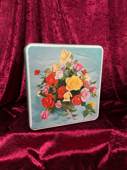 Vintage Metal Tin Box - 1970s Rose Bouquet Floral Keepsake Storage - William Crawford & Sons