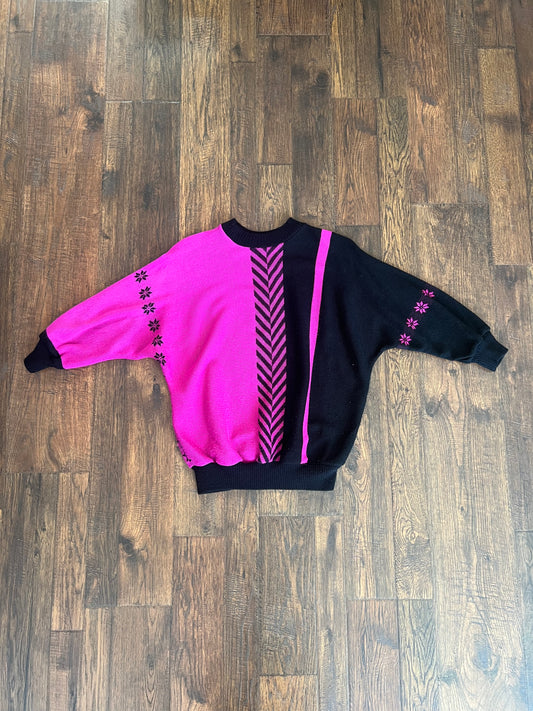 Vintage Clothing - 1980s Sweater - Hot Pink and Black - R Knit - Medium - Made In England