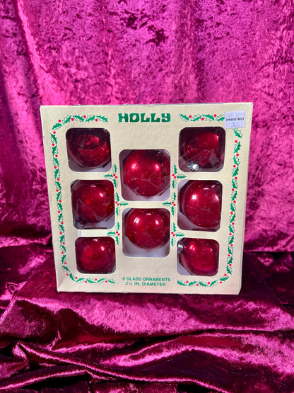 Vintage Christmas - Glass Ornament Set - Solid Red - Holly - Made In USA