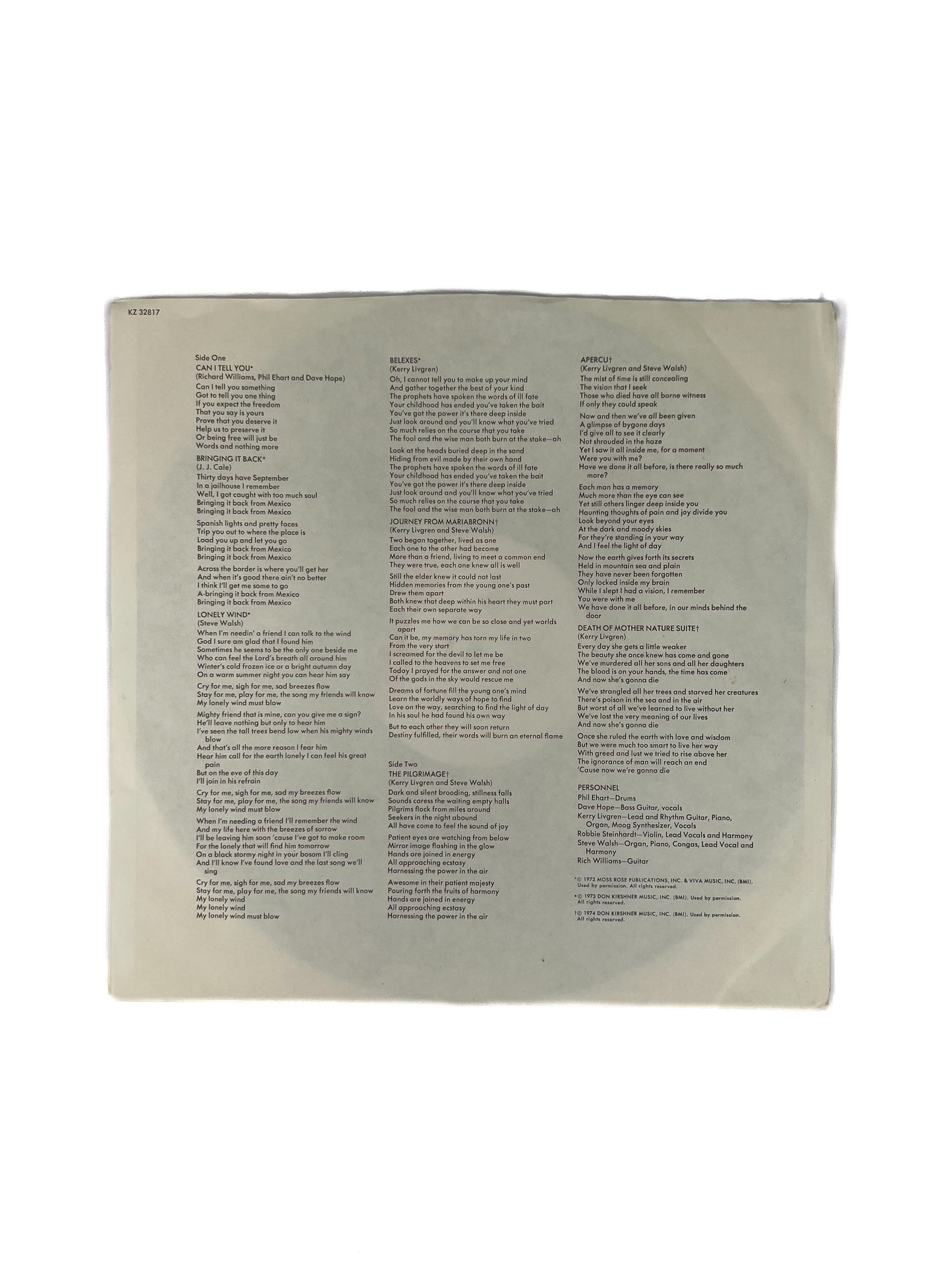 Vintage 12" Vinyl Record - Kansas - Self Titled - Kirshner Records - 1974