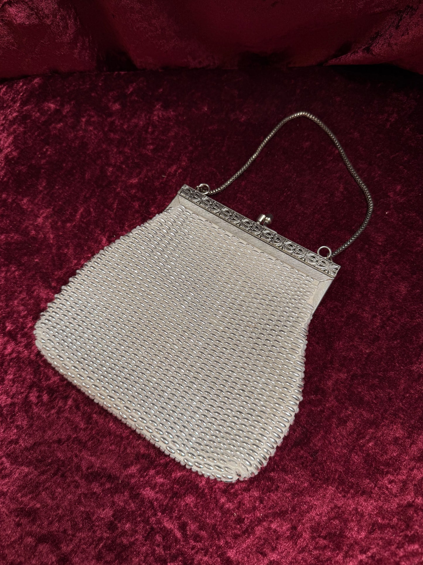 Vintage Accessories - 1950s Gems by George Silver Pearled Beaded Evening Purse - Kiss Lock Closure w/ Gold Chain Strap