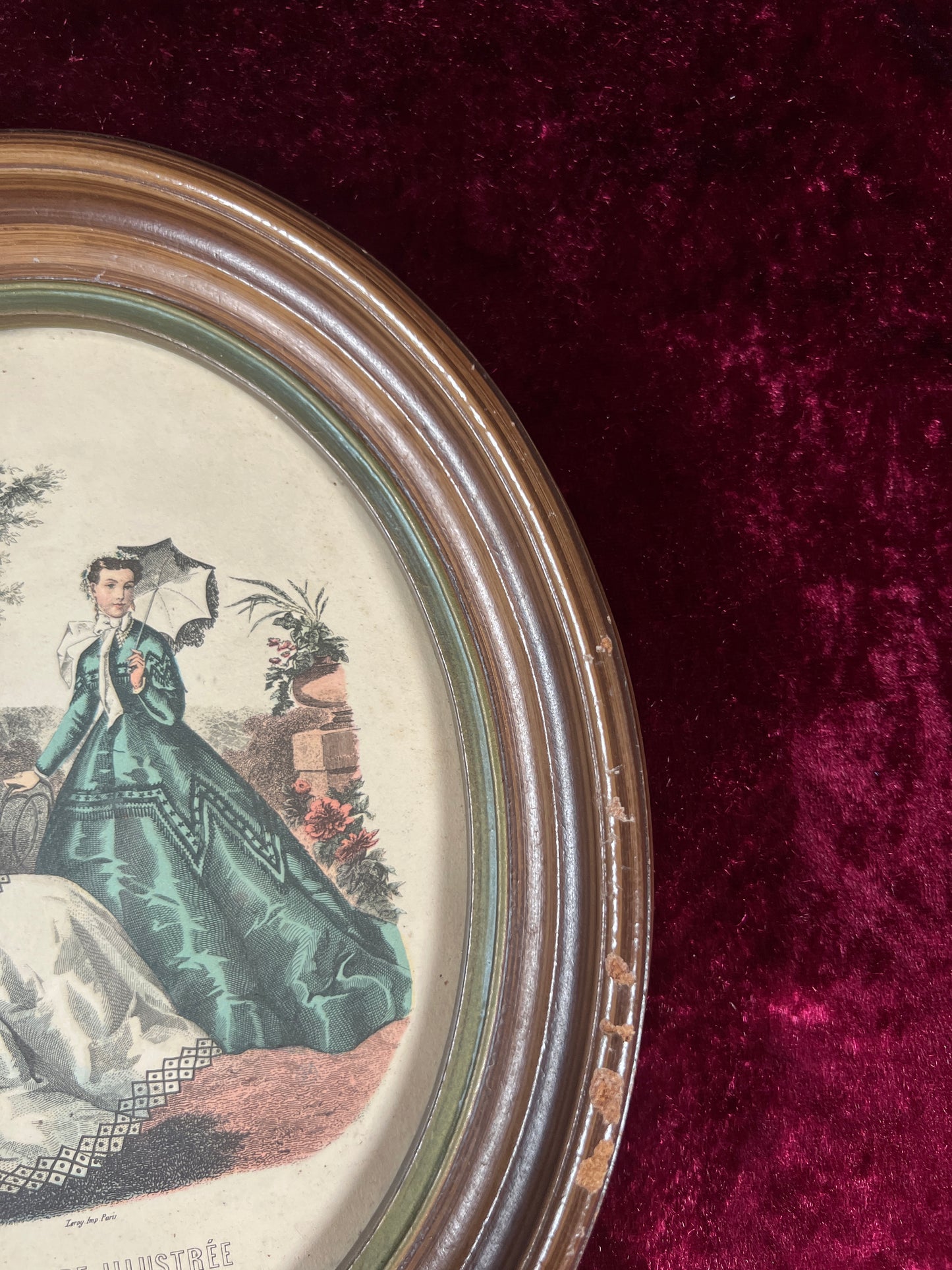 Vintage Oval Wood Framed Print - La Mode Illustrée Victorian Fashion Portrait