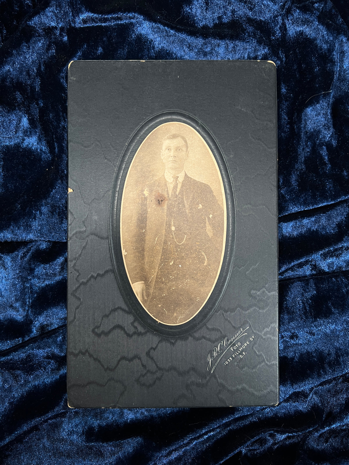 Antique Cabinet Photograph - Gentleman Portrait Golden Gate Bridge Jumper Inscription
