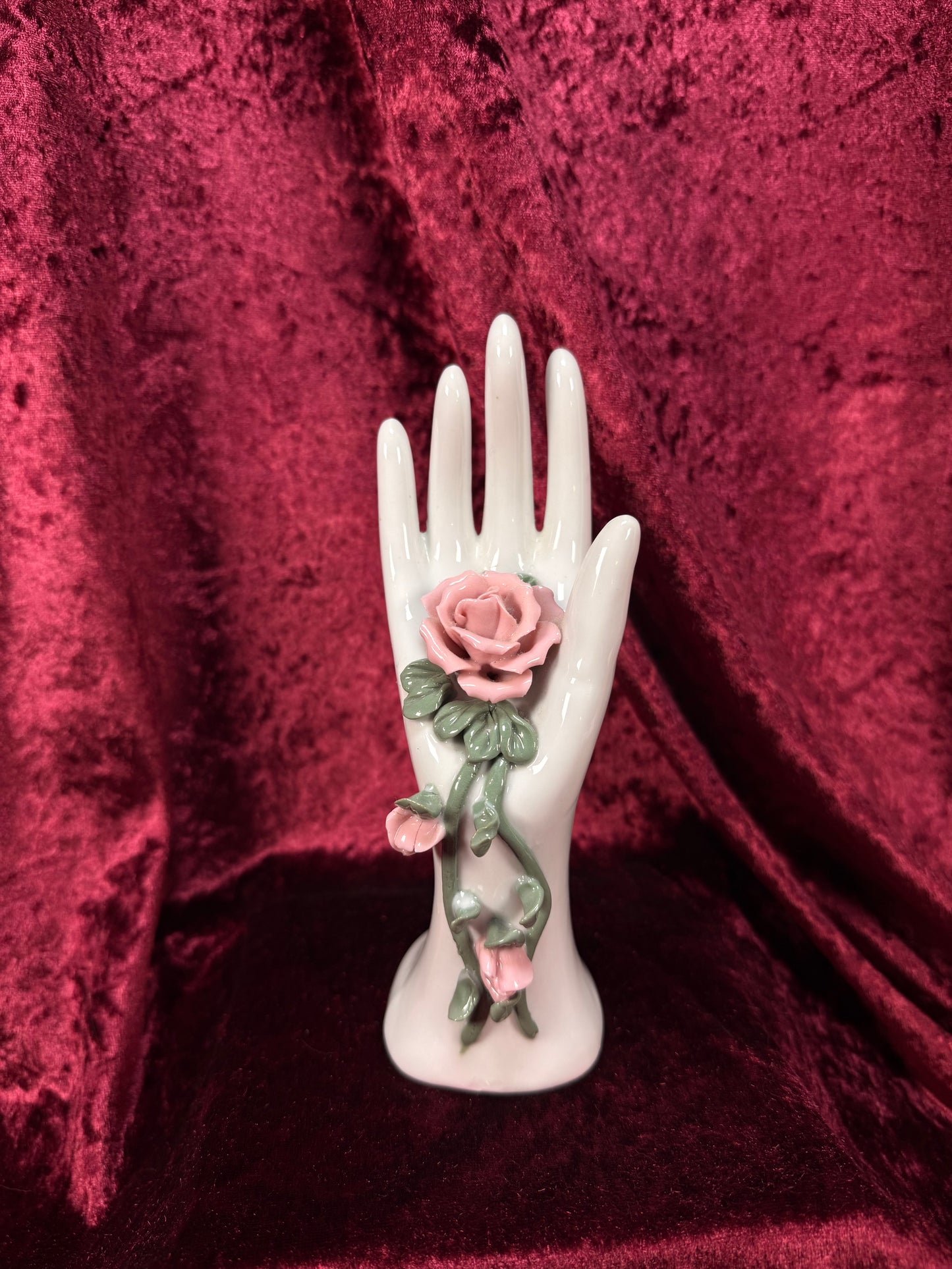 Vintage Porcelain Hand Ring Holder – Pink Rose Vanity Display