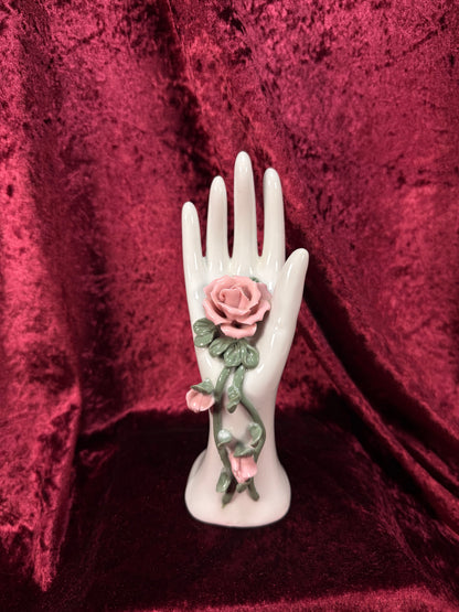 Vintage Porcelain Hand Ring Holder – Pink Rose Vanity Display