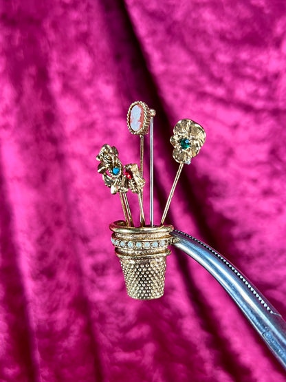 Vintage Jewelry - Brooch - Gold Tone - Overturned Thimble with Hat Pins