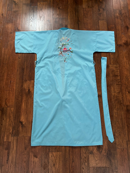Vintage Jodie Arden Kimono Robe – Blue Embroidered Pagoda Asian Motif