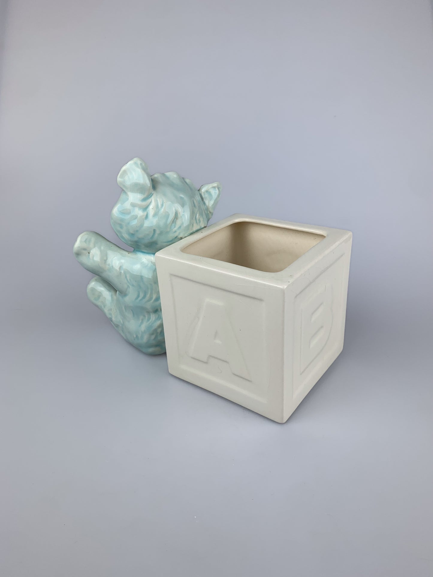 Vintage Kay Finch Blue Teddy Bear & Alphabet Block Ceramic Planter - California Pottery