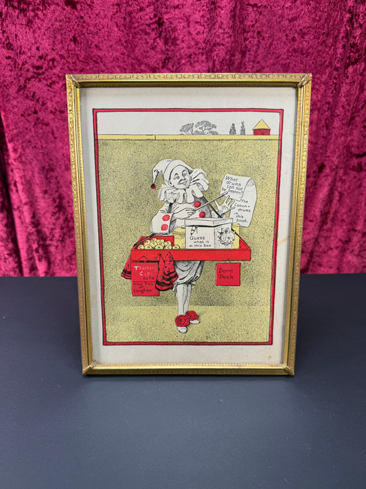 Antique Wall Art - Framed Lithograph - Pierrot Clown and Cat Scene - 1901