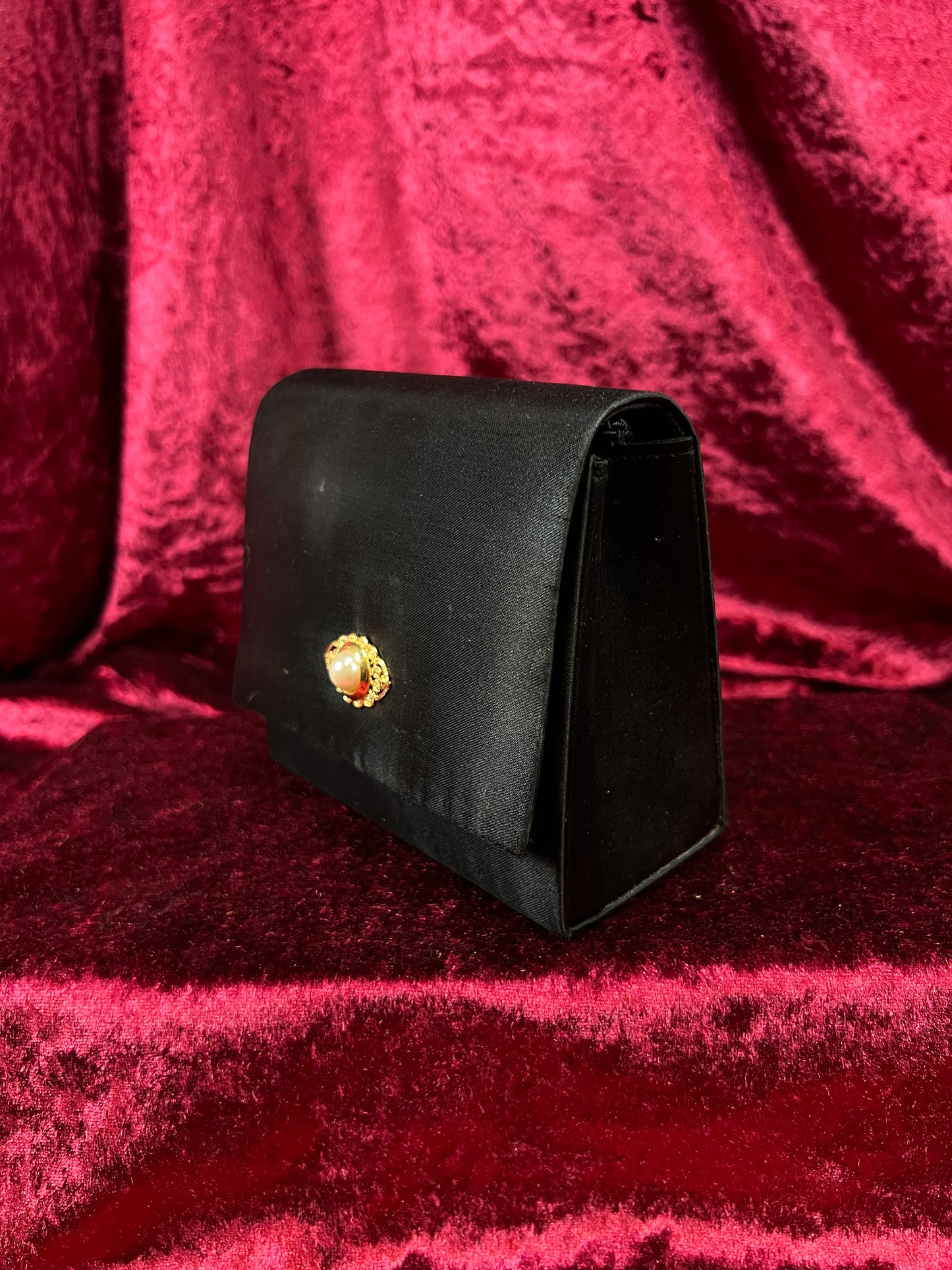 Vintage La Regale Satin Evening Bag - Faux Pearl Clasp Black Crossbody Purse