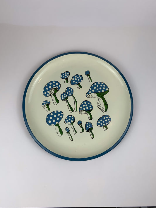 Vintage Mid Century Metal Blue & Green Mushroom Tray - Made In Japan