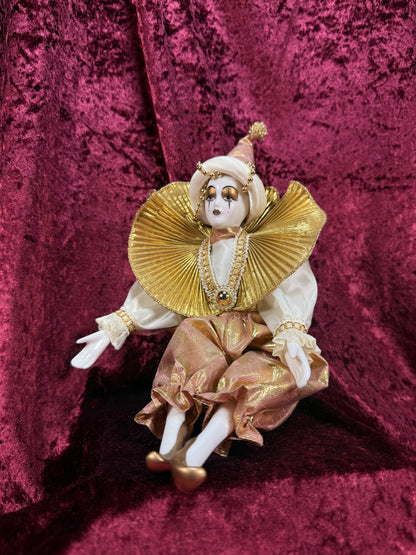 Vintage Porcelain Harlequin Doll – Gold Ruffled Collar Pierrot Figure