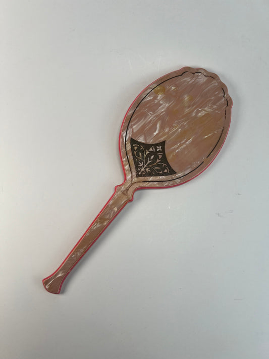 Vintage Hand Mirror - Celluloid - Pink Art Deco