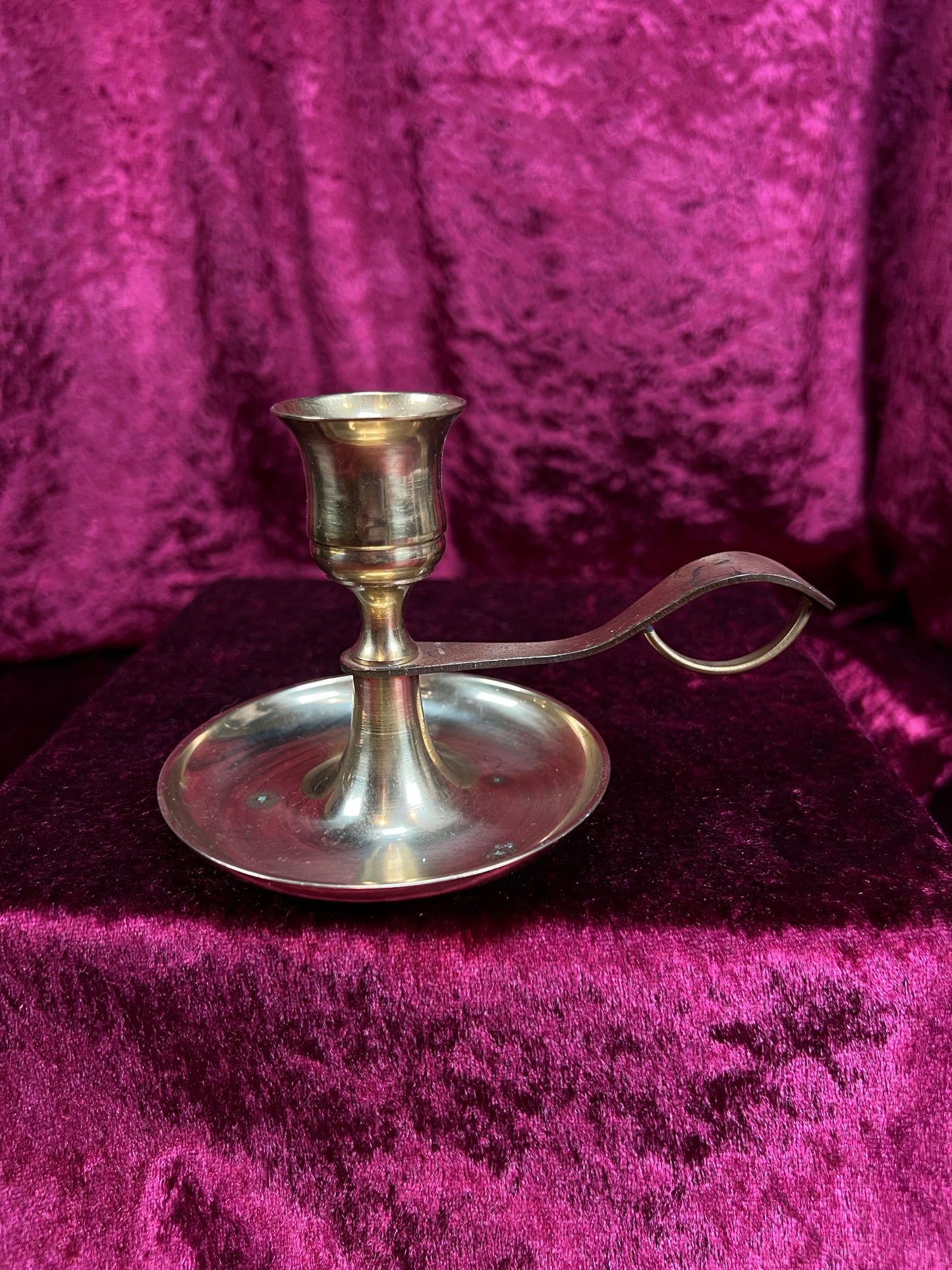 Vintage Metal Chamberstick Candlestick Holder - Brass Finger Loop Made in Japan