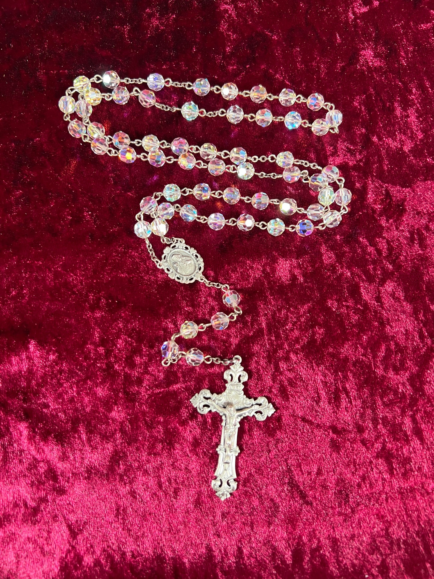 Vintage Jewelry - Italian Rosary - Sterling Silver - Aurora Borealis Faceted Beads - 20.25”
