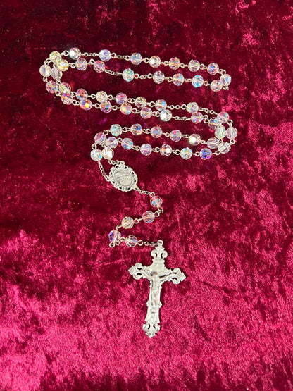 Vintage Jewelry - Italian Rosary - Sterling Silver - Aurora Borealis Faceted Beads - 20.25”