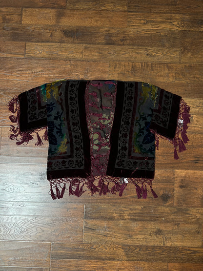 Vintage Velvet Burnout Shawl - Jewel Tone Floral Beaded Fringe Wrap - Size Small