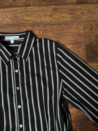 Vintage Foxcroft Fitted Blouse - Black Grey Striped Pleated Waist - Size Large