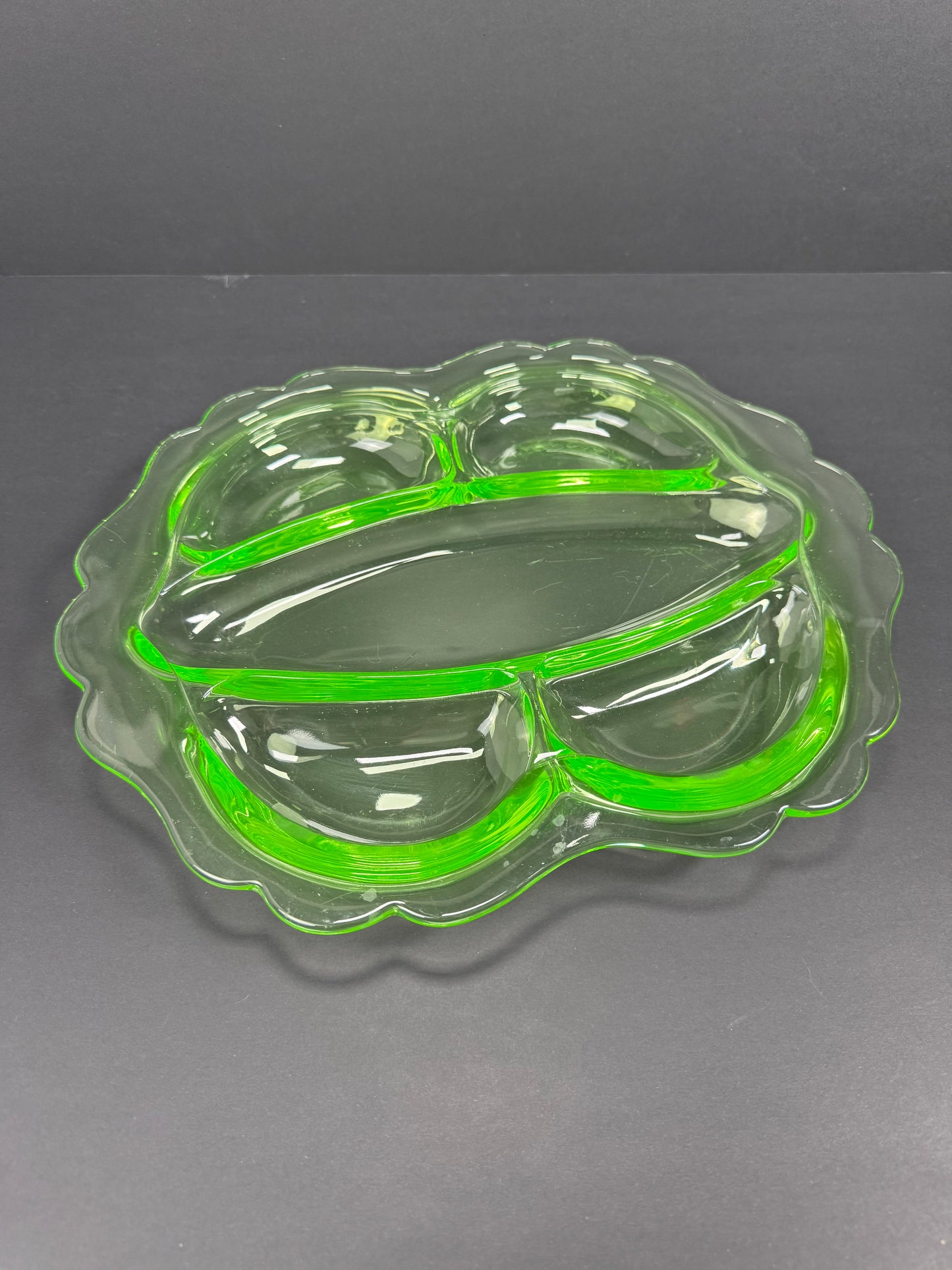 Vintage Uranium Glass - Heavy Divided Condiment Dish