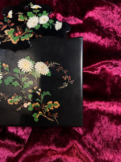 Antique Papier Mache Wall Pocket - Victorian Black Lacquer Painted White Flowers