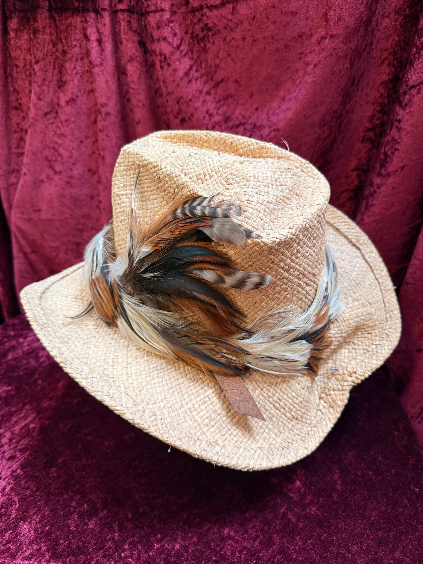 Vintage Accessories - Straw Cowboy Hat with Feathers - Shady Brady Unisex Large