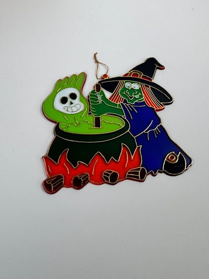 Vintage Halloween Decoration - Plastic Window Suncatcher - Witch and Cauldron