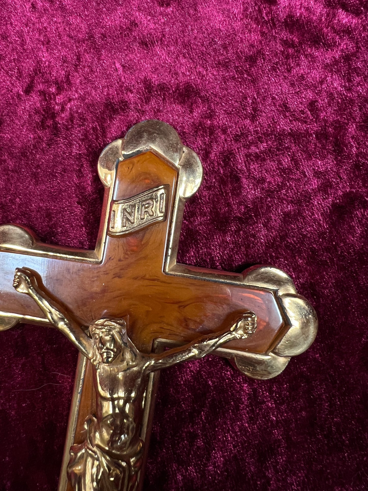 Vintage Brass Crucifix Cross - Marbled Bakelite Inlay Religious Wall Hanging