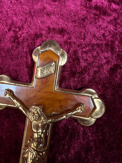 Vintage Brass Crucifix Cross - Marbled Bakelite Inlay Religious Wall Hanging