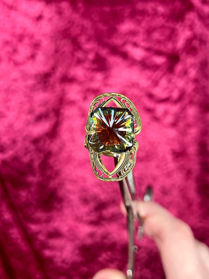 Vintage Jewelry - Adjustable Cocktail Ring - Brass - Aurora Borealis Crystal - West Germany
