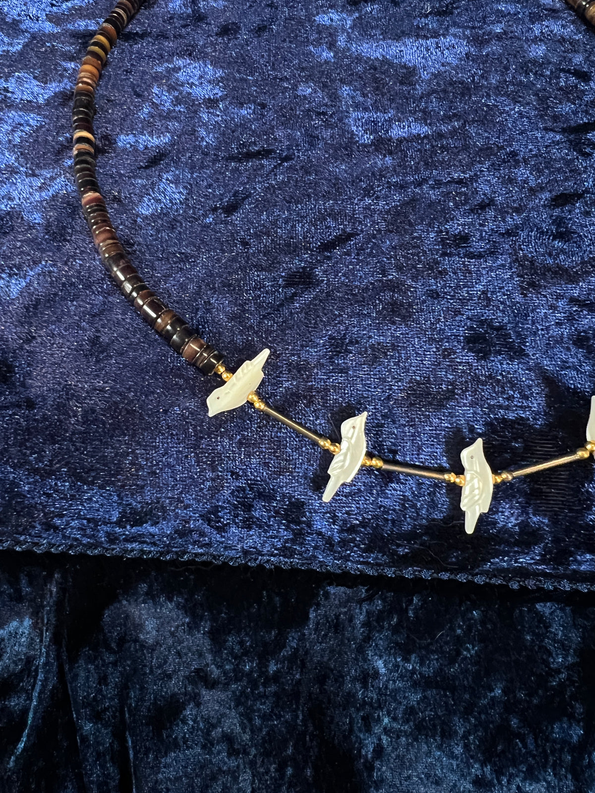 Vintage Zuni Heishi Fetish Necklace - Shell and Mother of Pearl Birds Sterling Silver Clasp