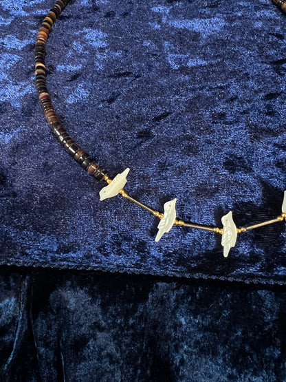 Vintage Zuni Heishi Fetish Necklace - Shell and Mother of Pearl Birds Sterling Silver Clasp