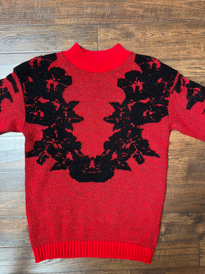 Vintage Clothing - Pullover Crewneck Knit Sweater - Black Flowers on Red Glitter - Medium