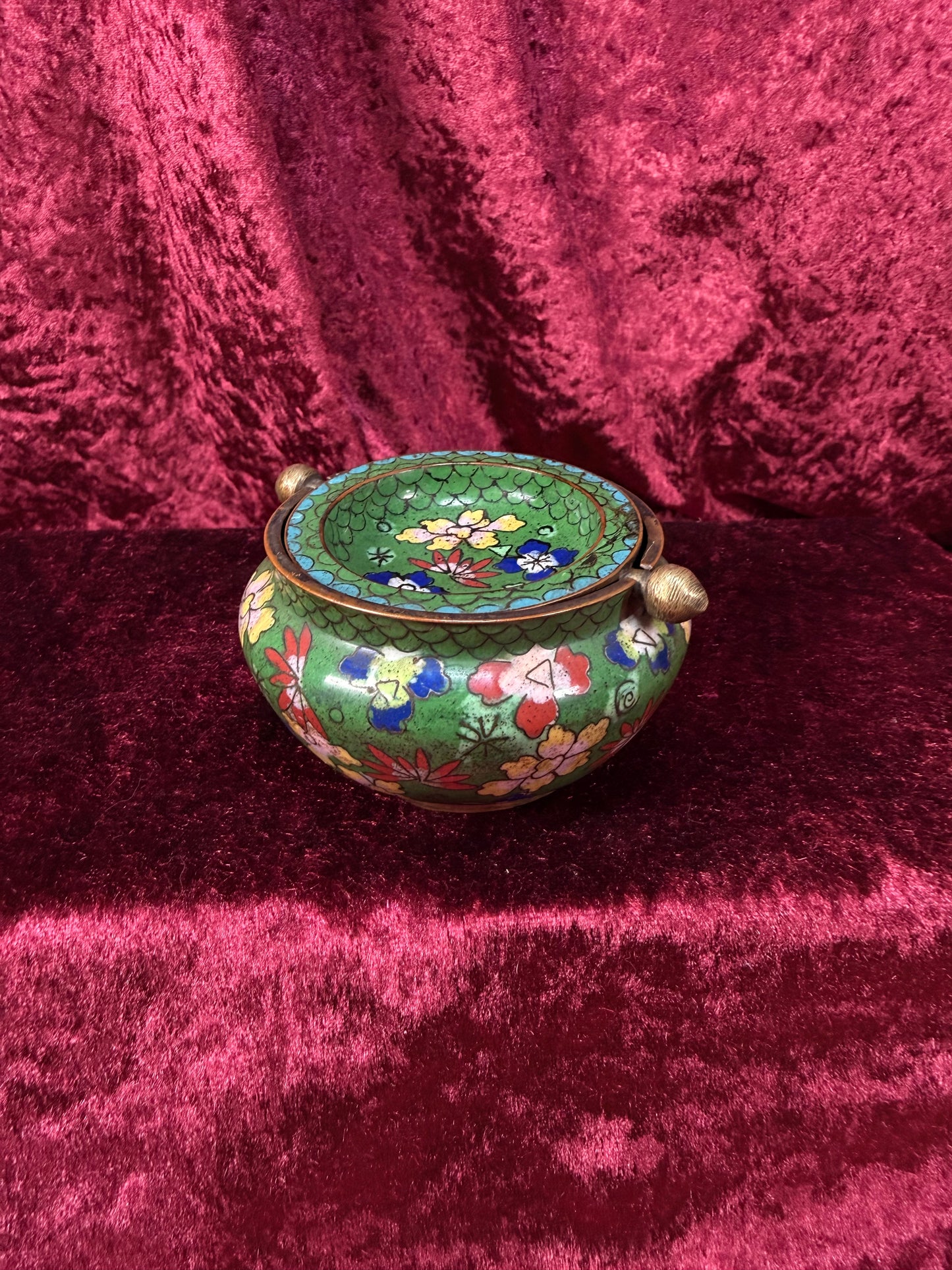 Vintage Chinese Cloisonne Enamel Brass Flip Top Ashtray – Floral Pattern - Incense Burner