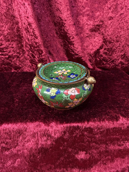 Vintage Chinese Cloisonne Enamel Brass Flip Top Ashtray – Floral Pattern - Incense Burner