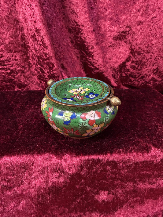 Vintage Chinese Cloisonne Enamel Brass Flip Top Ashtray – Floral Pattern - Incense Burner
