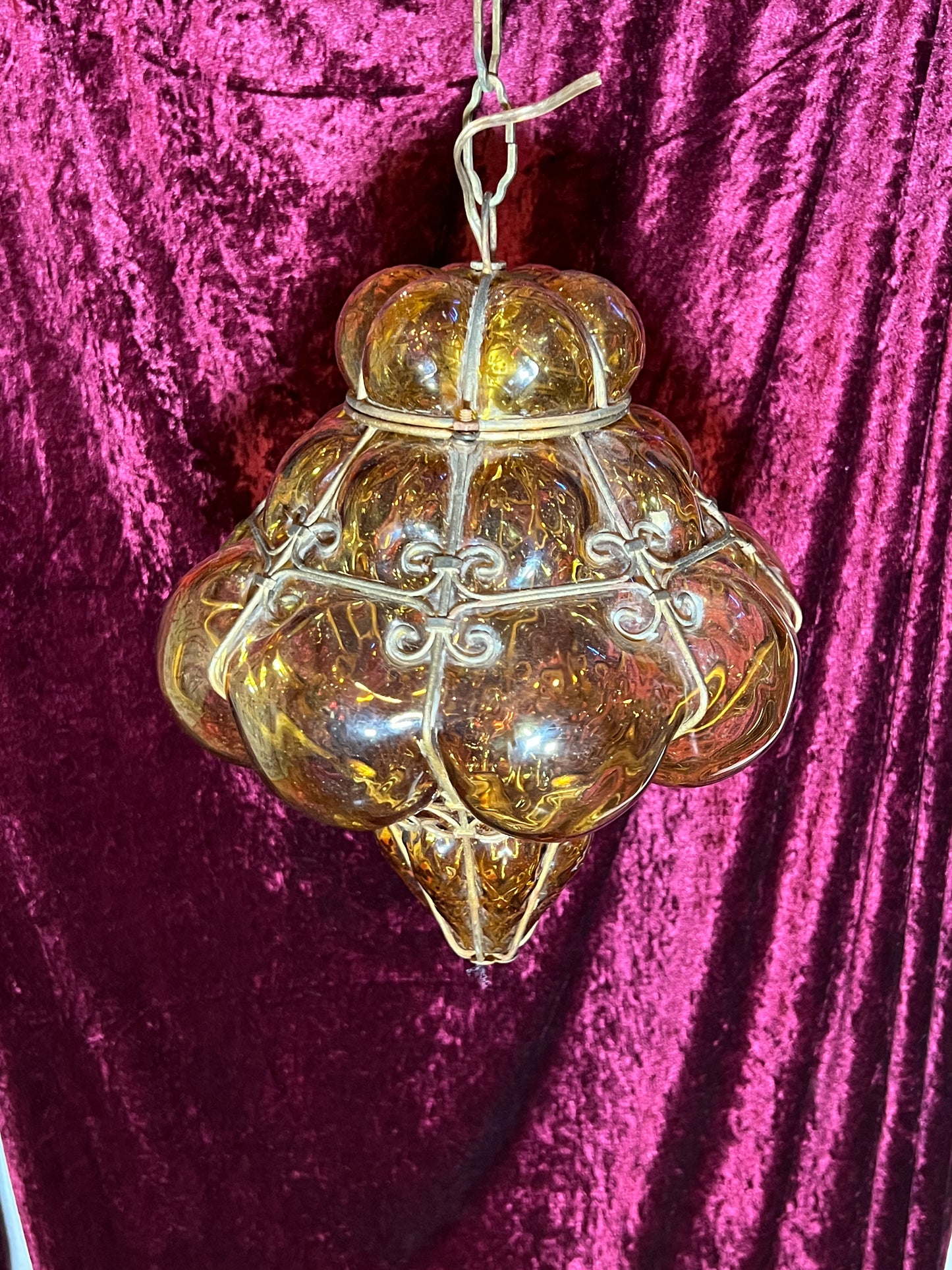 Vintage Lamp - Pendant Light - Hand Blown Caged Amber Glass - Seguso Murano