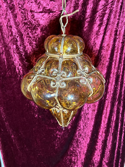 Vintage Lamp - Pendant Light - Hand Blown Caged Amber Glass - Seguso Murano
