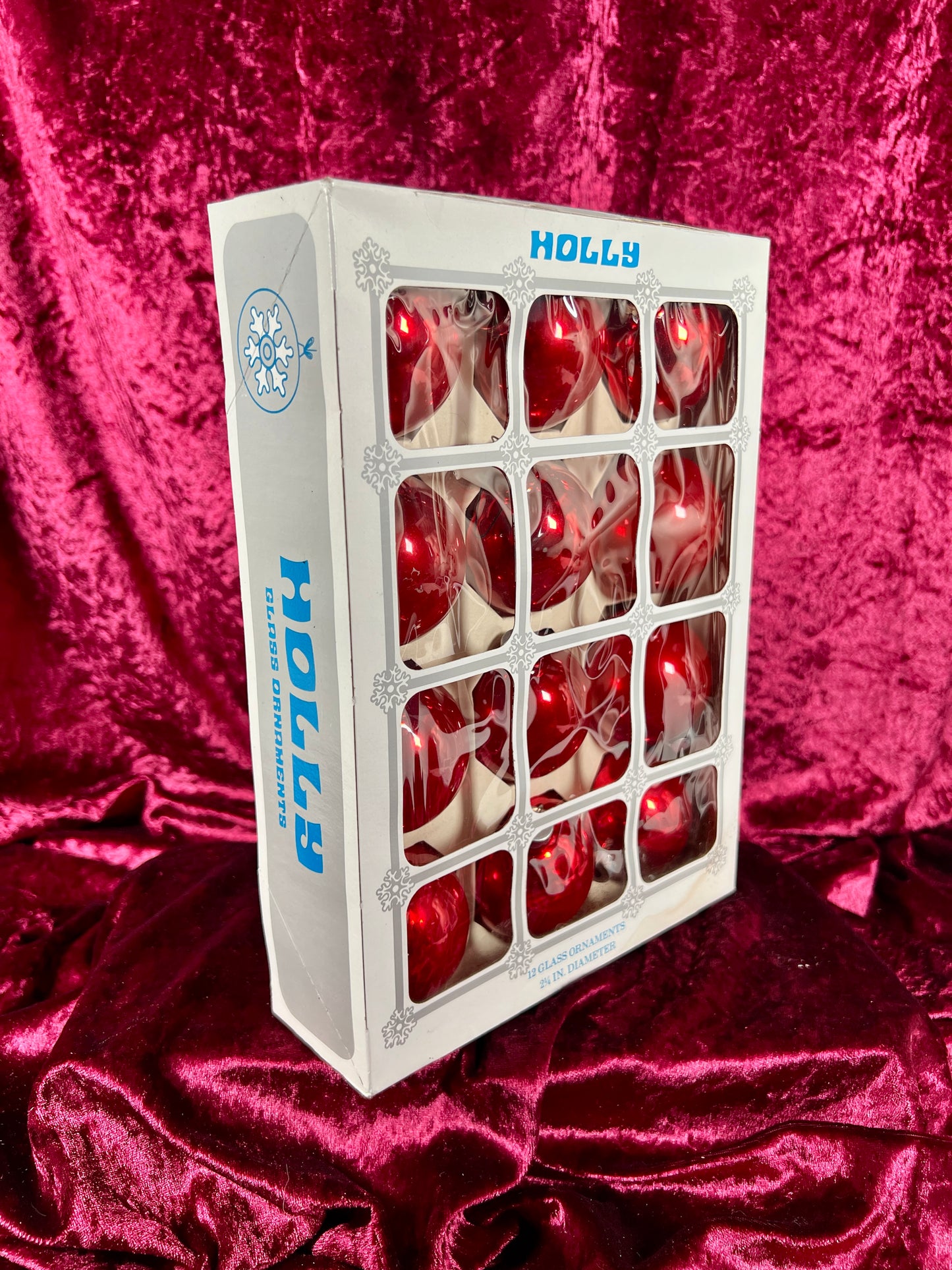 Vintage Christmas - Glass Ornament Set of 12 - Solid Red - Holly - Made In USA