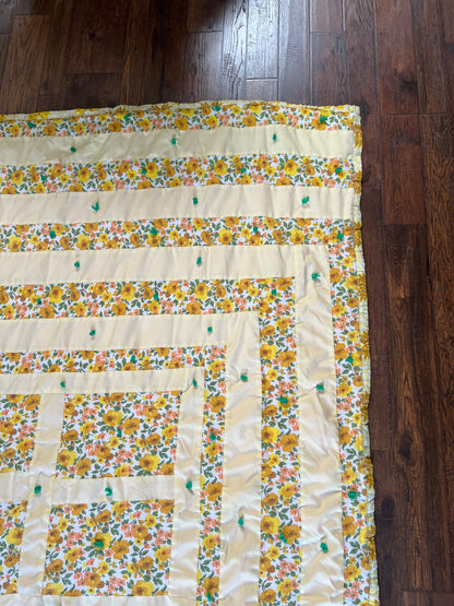 Vintage Linens - Handmade Quilt - Buttercream Yellow - Groovy Floral Patchwork - Double Sided - 81” X 67.5”