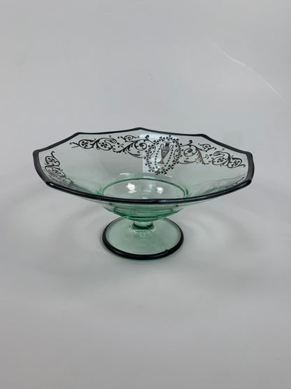 Vintage Pedestal Candy Dish - Green Glass with Sterling Silver Overlay - Ornate Grecian Urns