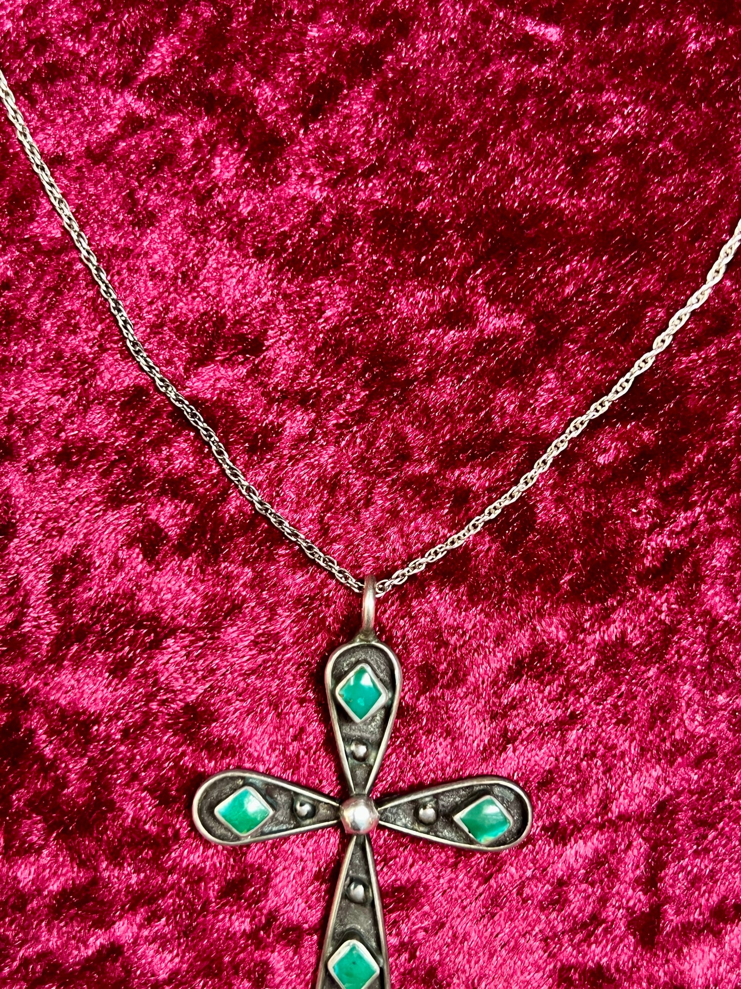 Vintage Jewelry - Pendant Necklace - Sterling Silver - Zuni Turquoise Cross