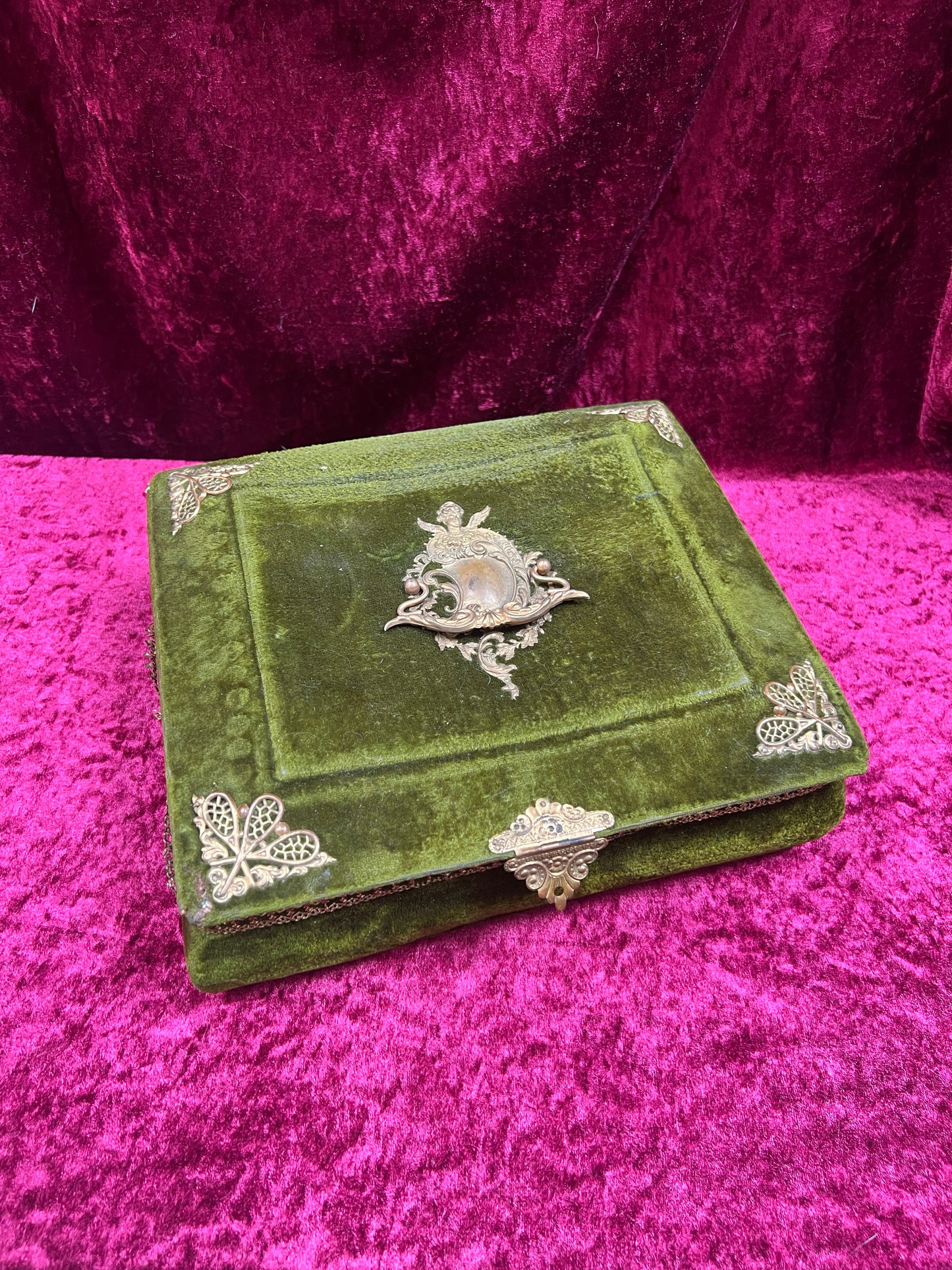 Antique Vanity Decor - French Musical Perfume Box - Green Velvet - Gold Metal Trim