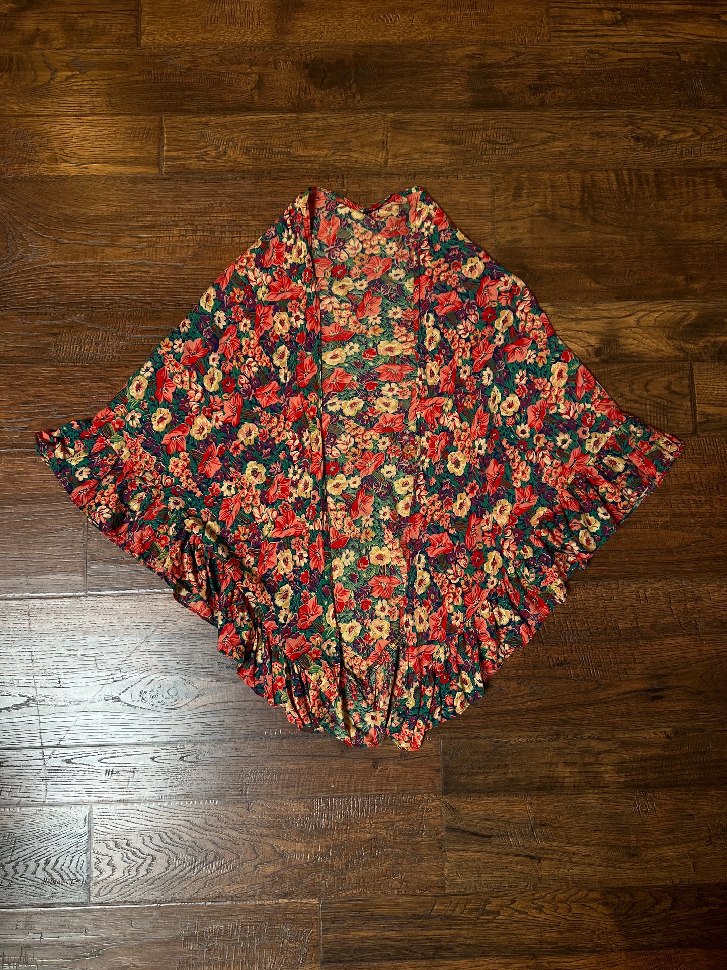 Vintage Cotton Shawl - Autumn Floral Print Ruffle Trim Handmade Wrap