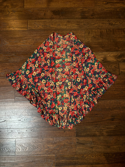 Vintage Cotton Shawl - Autumn Floral Print Ruffle Trim Handmade Wrap
