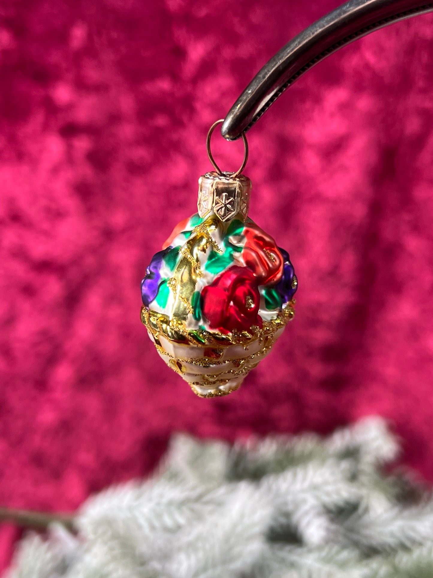 Vintage Christmas - Handblown Glass Ornament - Basket Of Flowers
